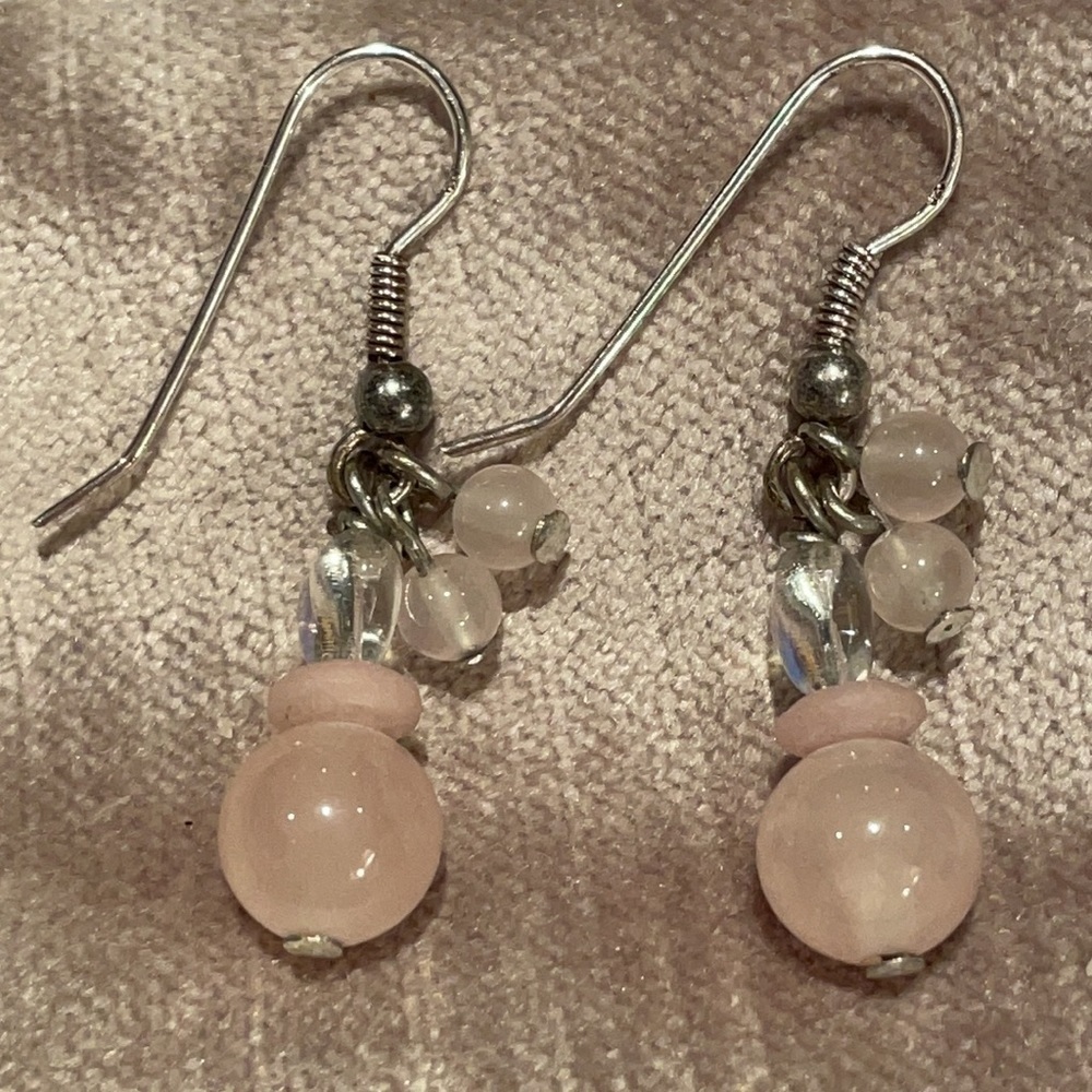 Rose Quartz Dangle Earrings 925 French Hooks Backs